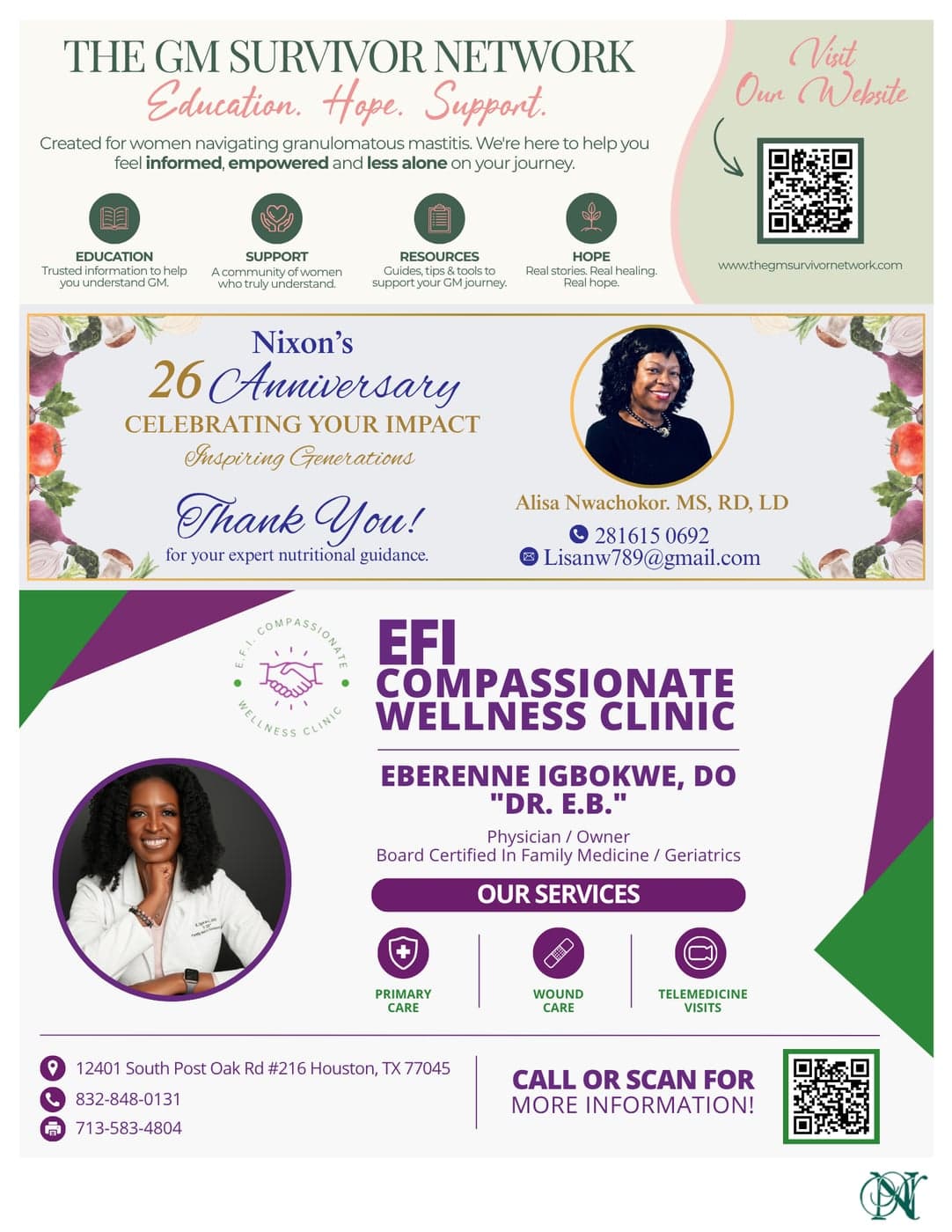 The GM Survivor Network, a thank-you to Alisa Nwachokor, and EFI Compassionate Wellness Clinic