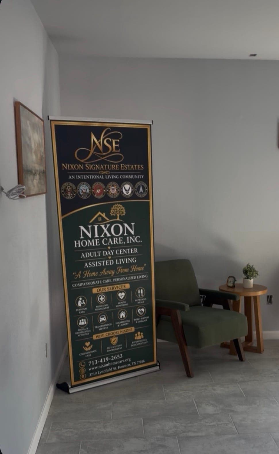 A Nixon Signature Estates and Nixon Home Care banner displayed in a common area