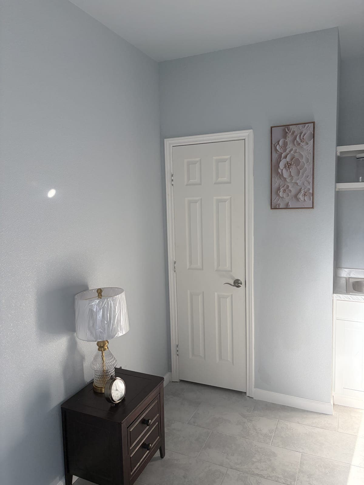 The bedroom entrance in the furnished demo suite