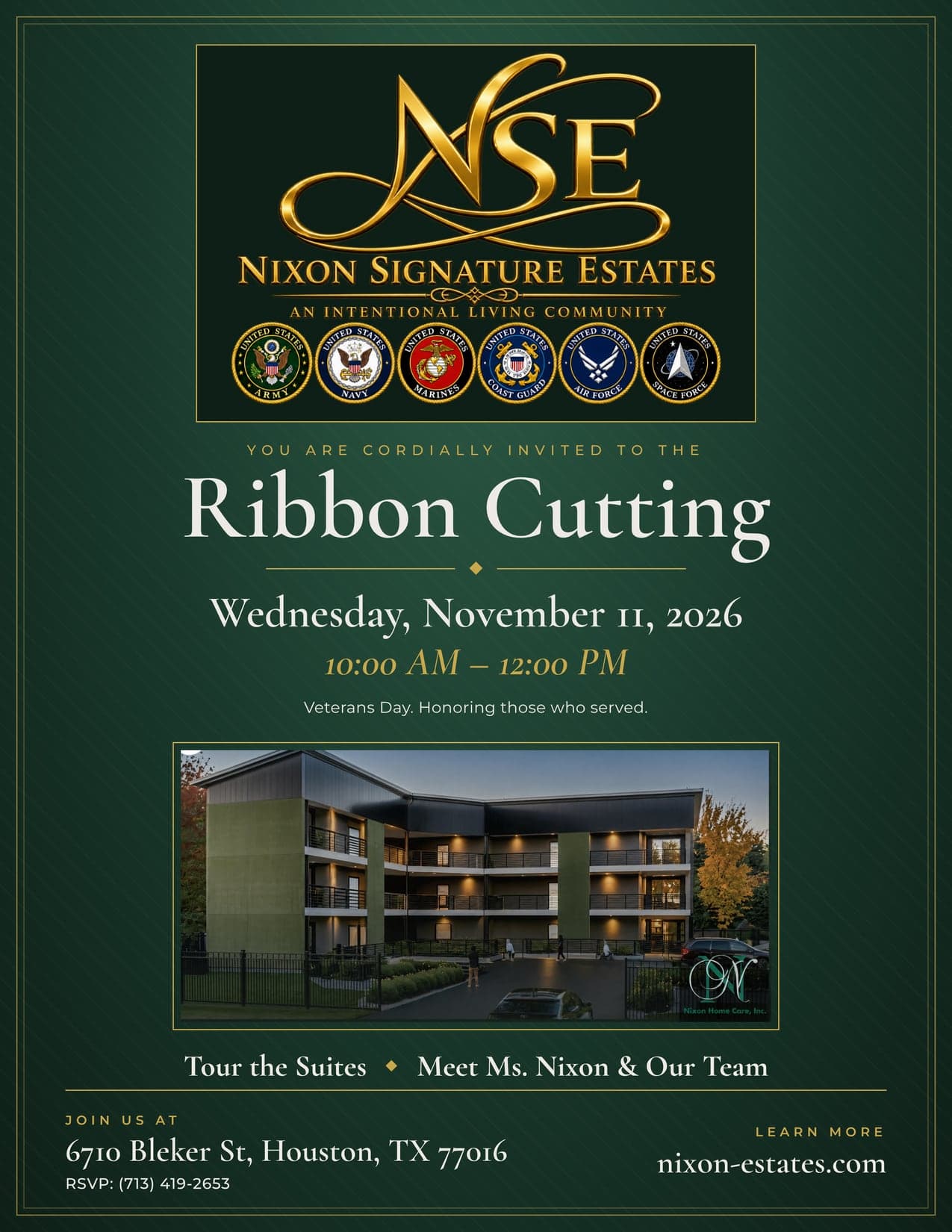 Full Nixon Signature Estates Ribbon Cutting flyer with the event date, time, address, and RSVP number